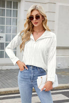 Texture Collared Neck Long Sleeve Blouse - Charming Charlie