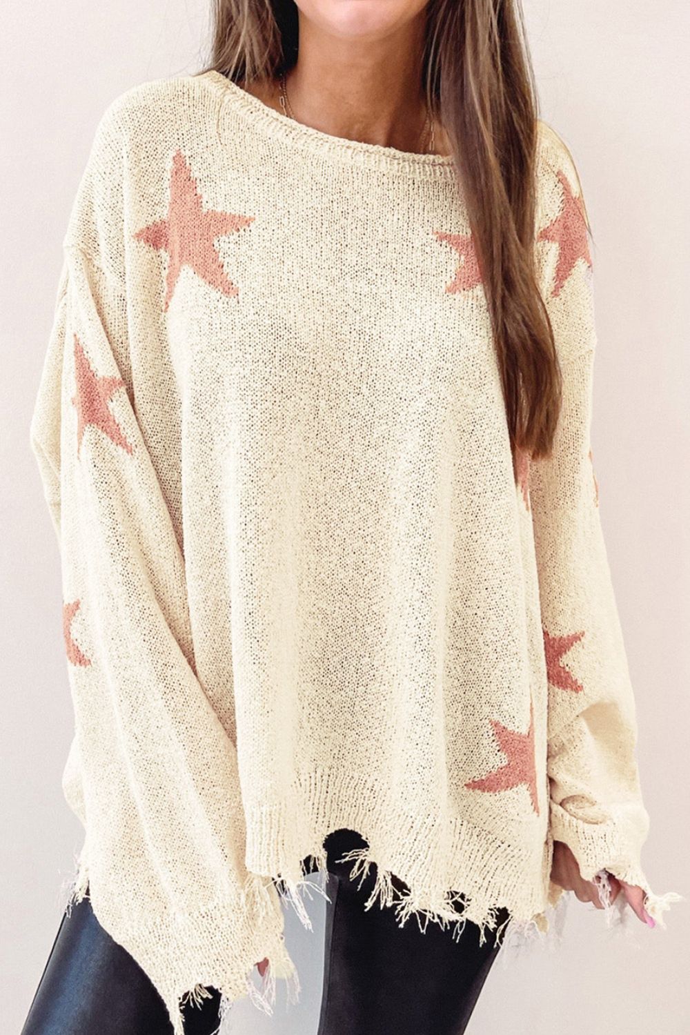 Contrast Star Raw Hem Long Sleeve Knit Top - Charming Charlie