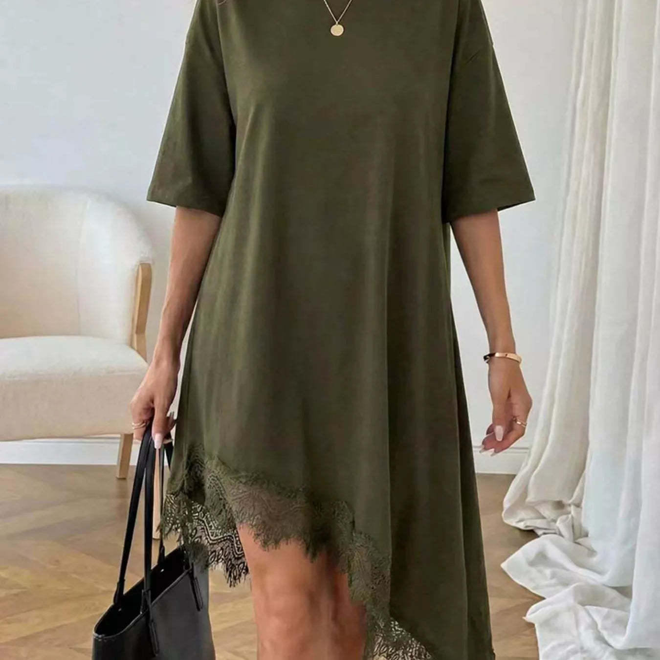 Lace Trim Asymmetrical Hem T-shirt Dress Army Green / XL
