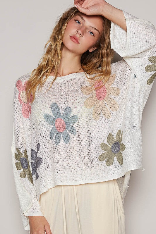 POL Flower Dropped Shoulder Long Sleeve Knit Top - Charming Charlie
