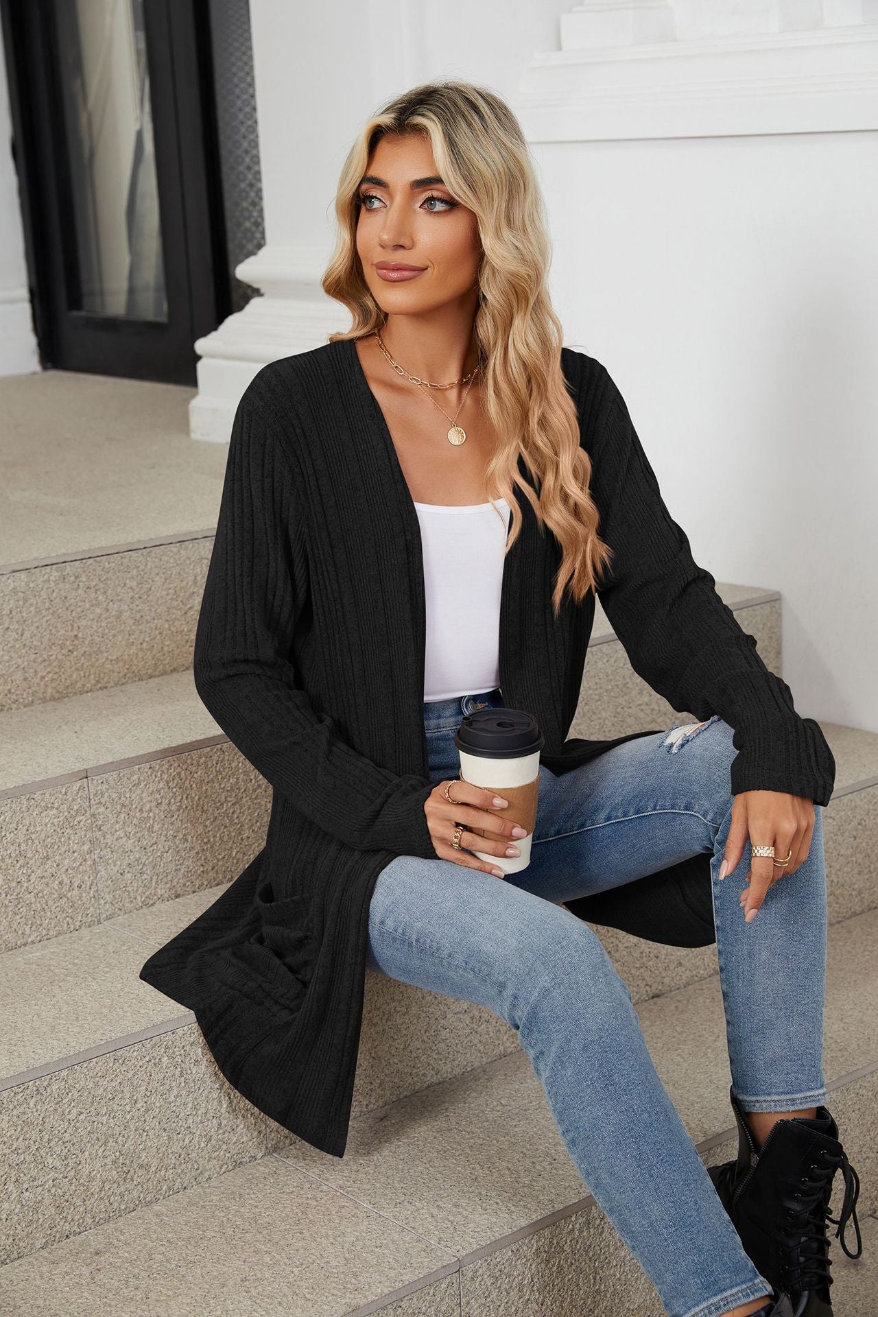 Pocketed Open Front Long Sleeve Cardigan - Charming Charlie
