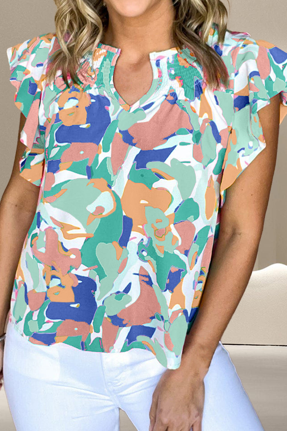 Ruffled Printed Notched Cap Sleeve Blouse - Charming Charlie