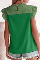 Ruffled Color Block Round Neck Cap Sleeve Blouse - Charming Charlie