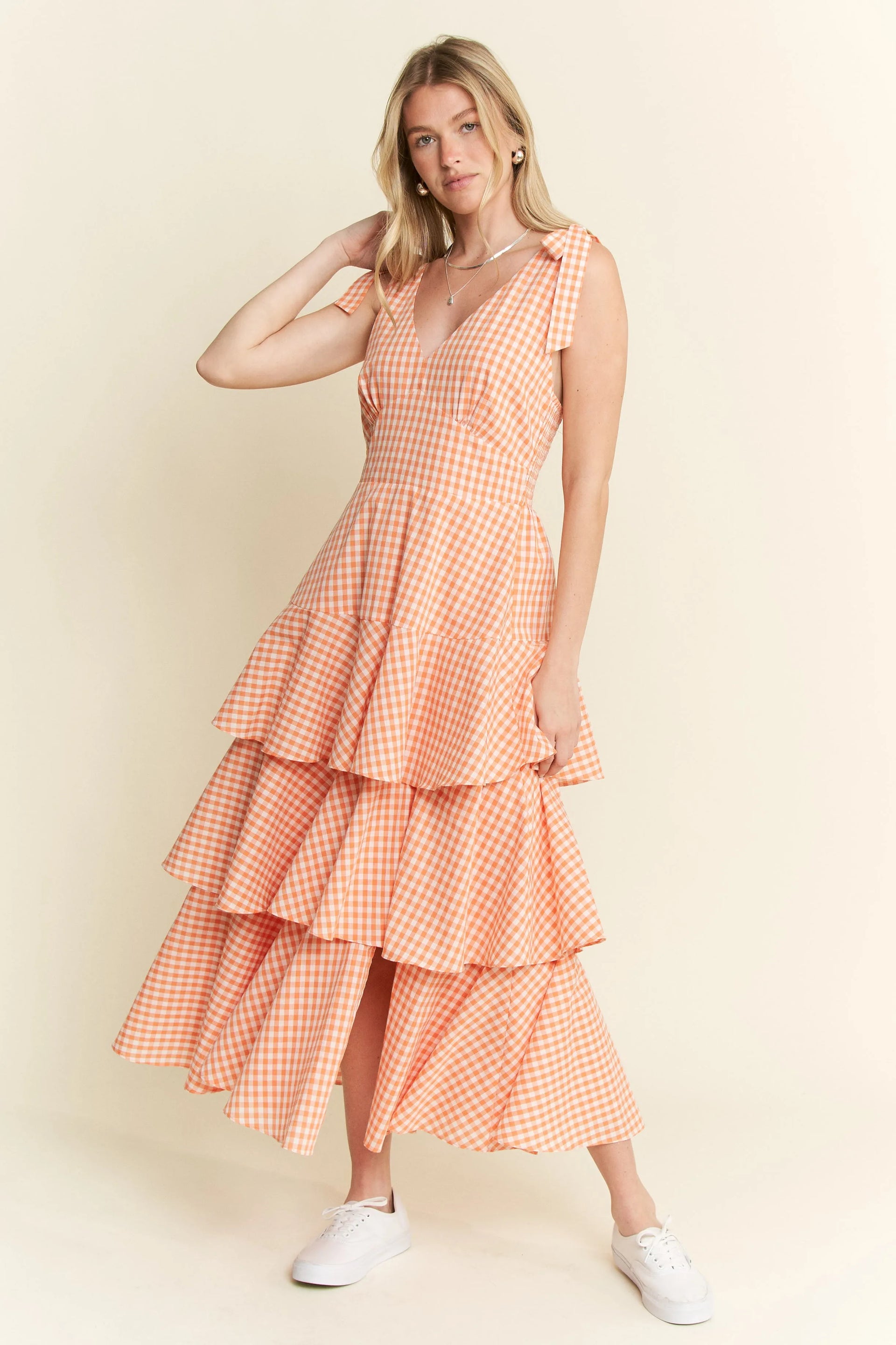 Jade By Jane Sleeveless Gingham Print Tiered Midi Dress – Charming Charlie