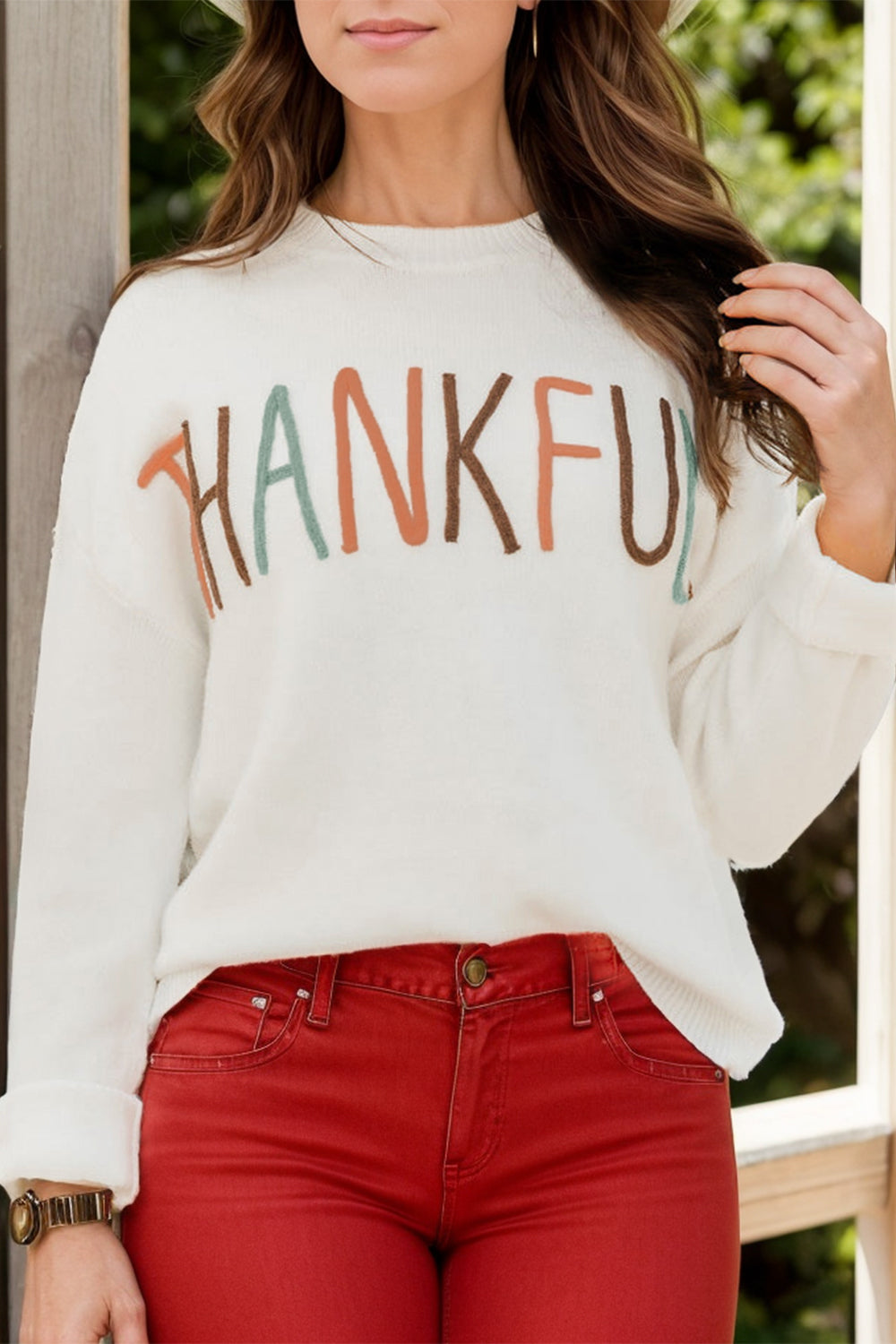 THANKFUL Round Neck Long Sleeve Knit Top - Charming Charlie
