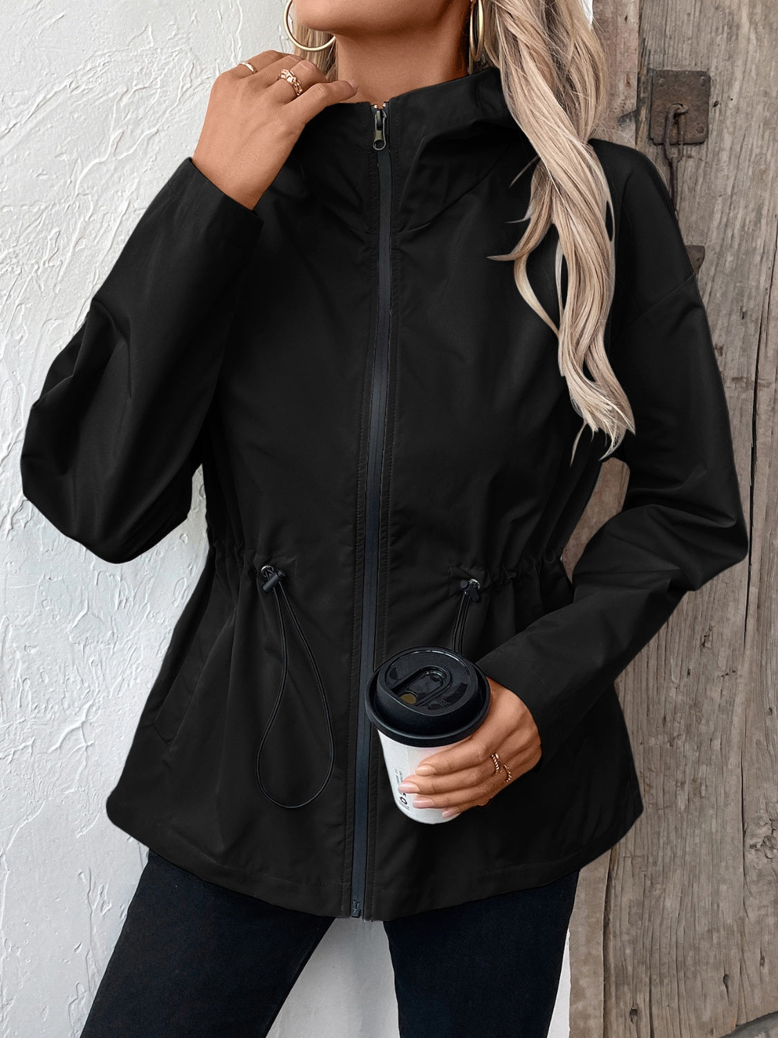 Drawstring Zip Up Hooded Jacket – Charming Charlie