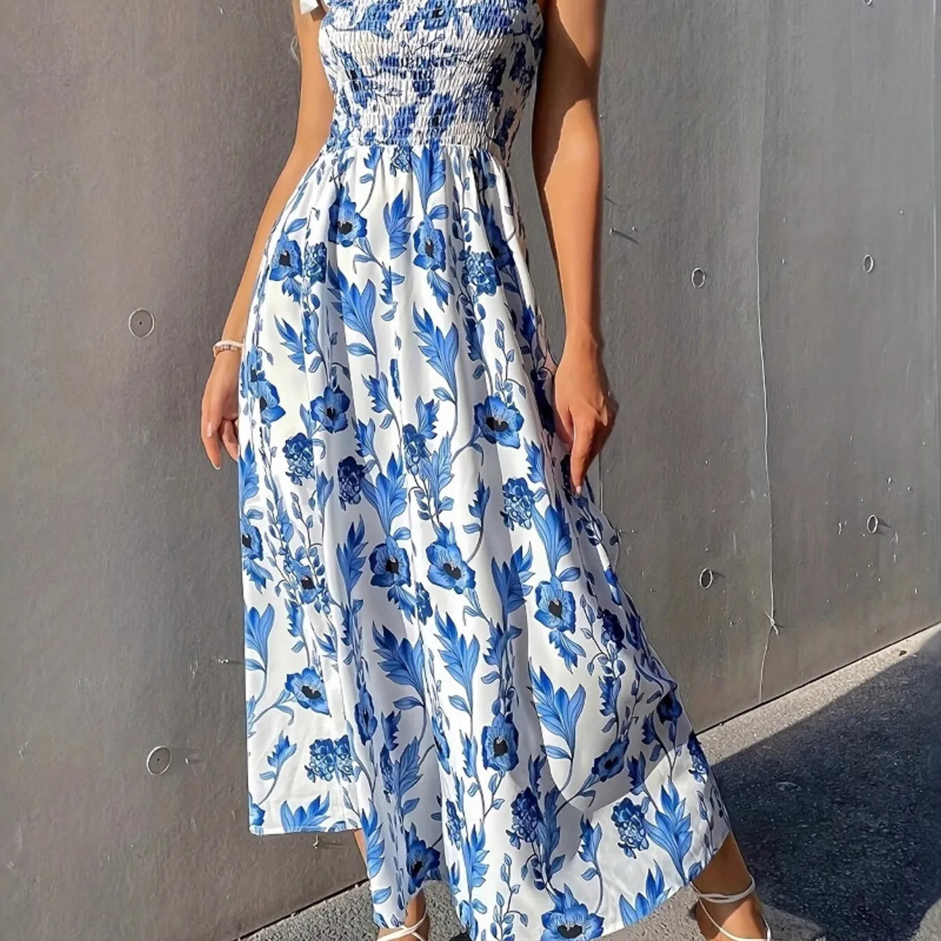 floral smocked tie waist midi dress Light Blue Floral Smocked Tie Strap Maternity Midi Dress Large