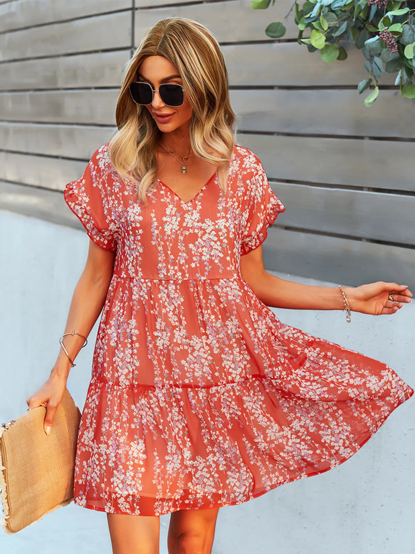 floral mini dress summer Floral Print V-Neck Ruffle Tiered Summer Mini Dress – Charming Charlie