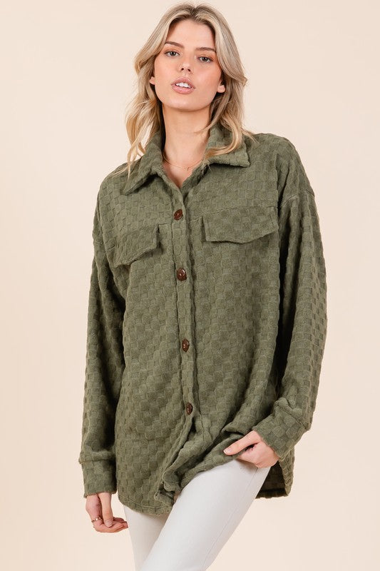 BOMBOM Checkered Button Down Dropped Shoulder Shacket - Charming Charlie
