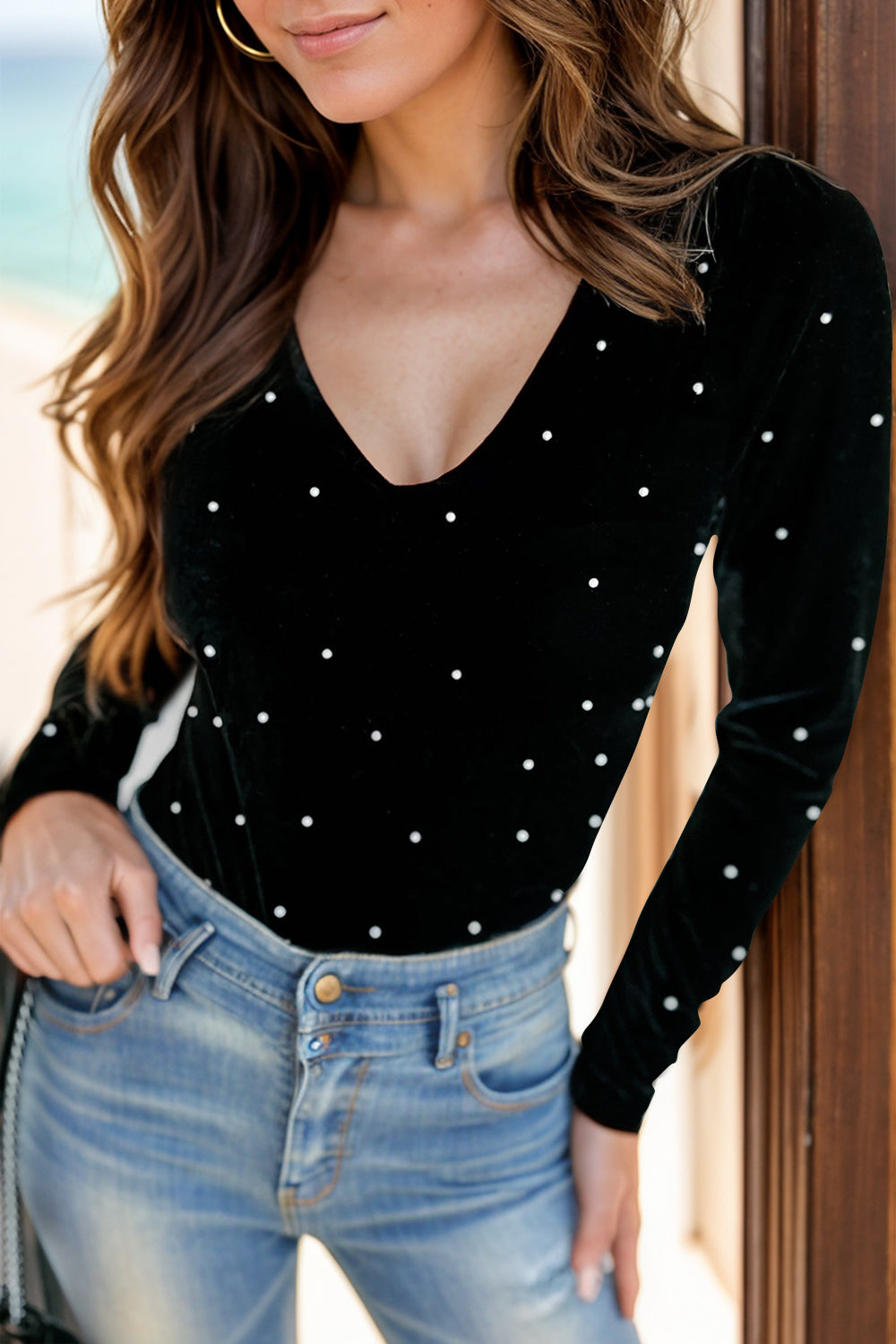 Pearl Detail V-Neck Long Sleeve Bodysuit - Charming Charlie