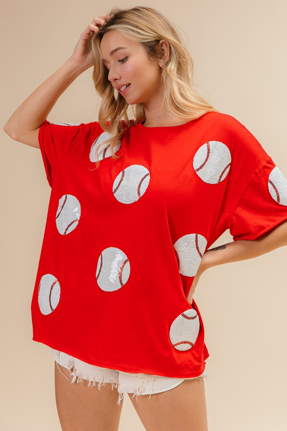 BiBi Sequin Baseball Drop Shoulder Short Sleeve T-Shirt - Charming Charlie
