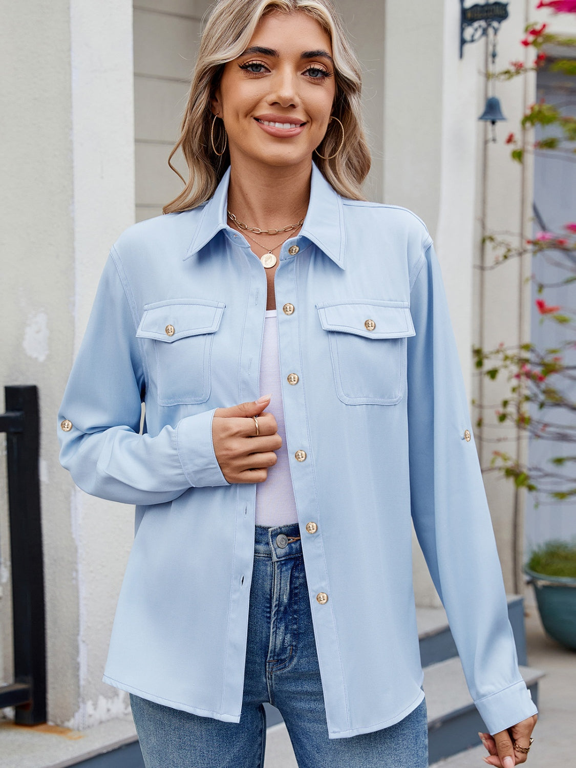 Solid Color Collared Neck Long Sleeve Shirt - Charming Charlie