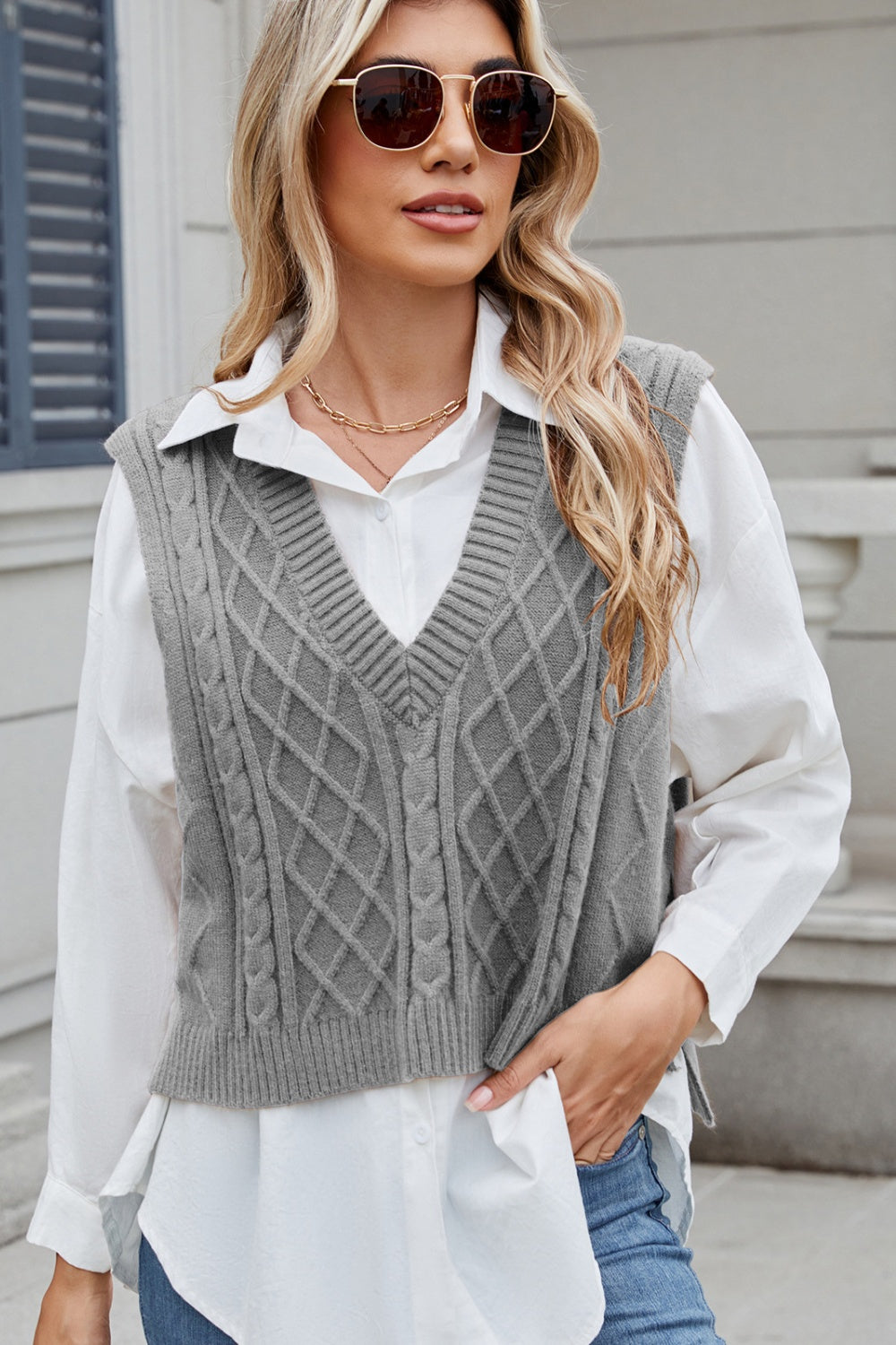 Cable-Knit V-Neck Sweater Vest – Charming Charlie