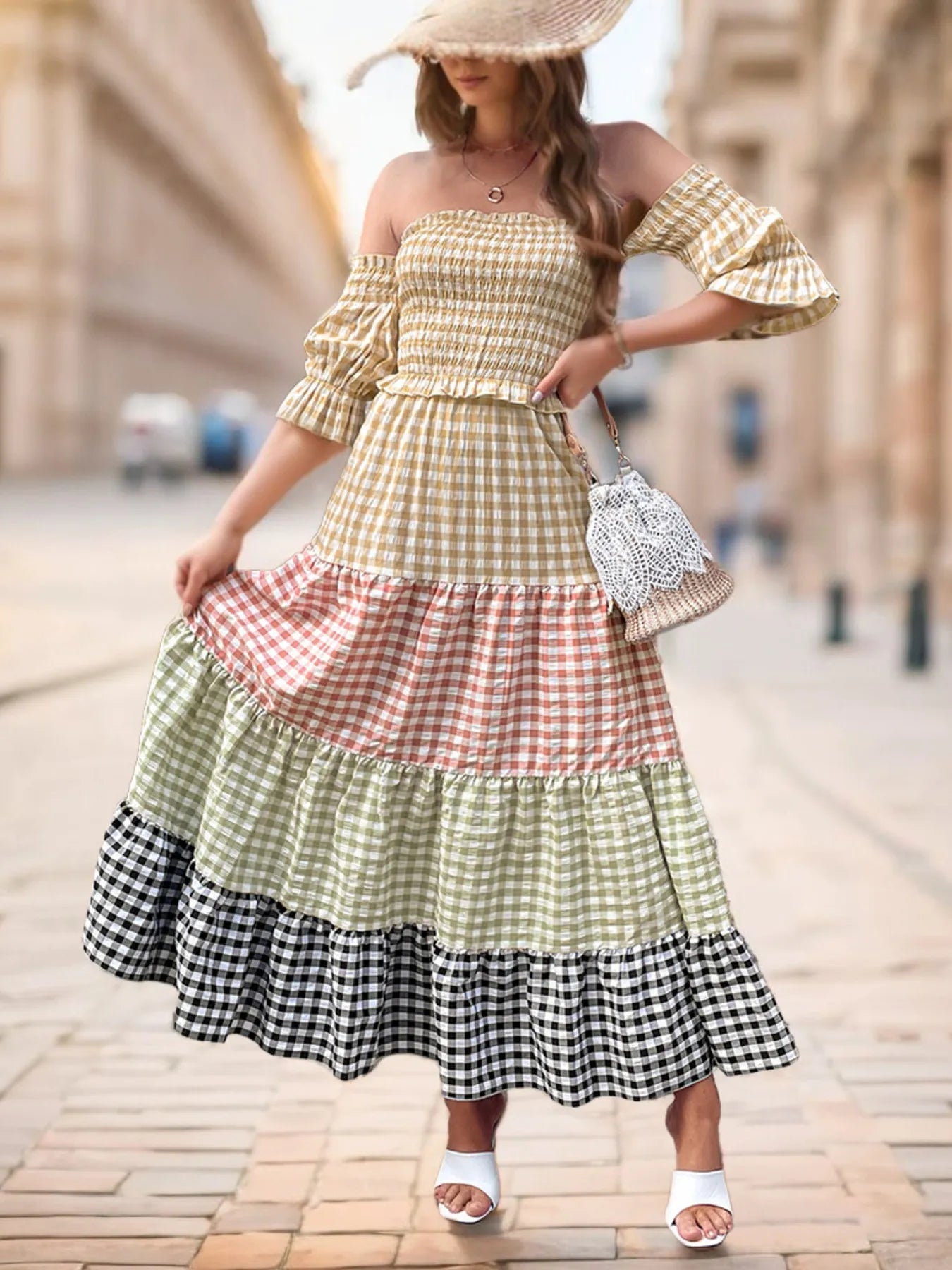 Color Block Plaid Off-Shoulder Maxi Dress – Charming Charlie