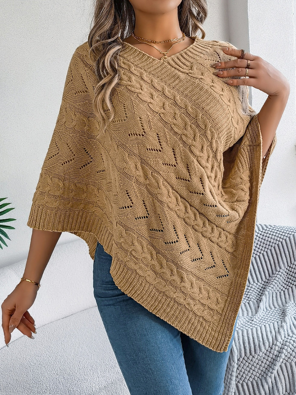 Openwork Surplice Long Sleeve Sweater
