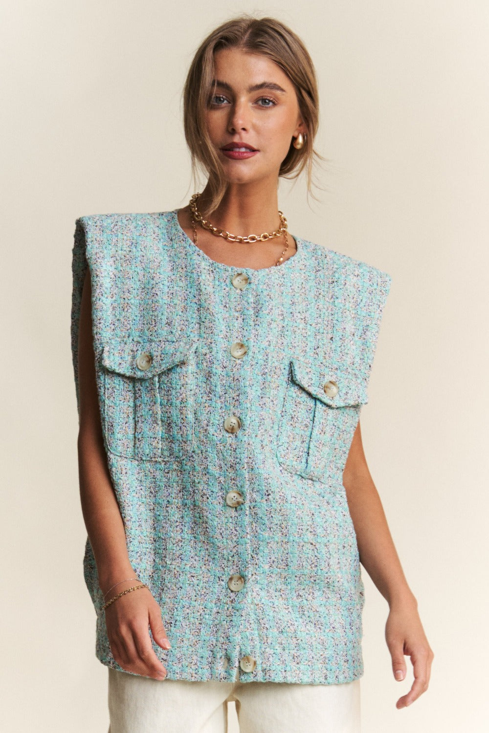 J.NNA Frayed Tweed Padded Shoulder Vest – Charming Charlie