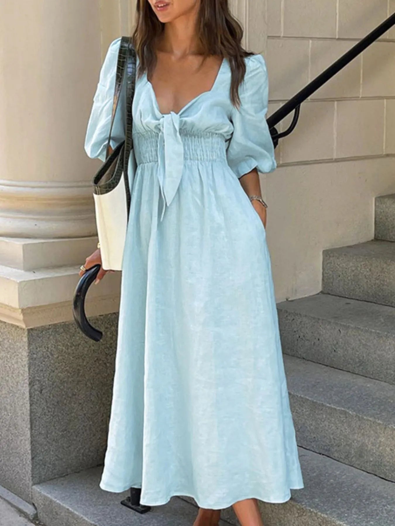 smocked puff sleeve midi dress Smocked Puff Sleeve Midi Dress – Charming Charlie