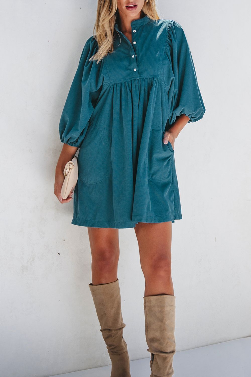 Corduroy Quarter Snap Three-Quarter Sleeve Dress - Charming Charlie