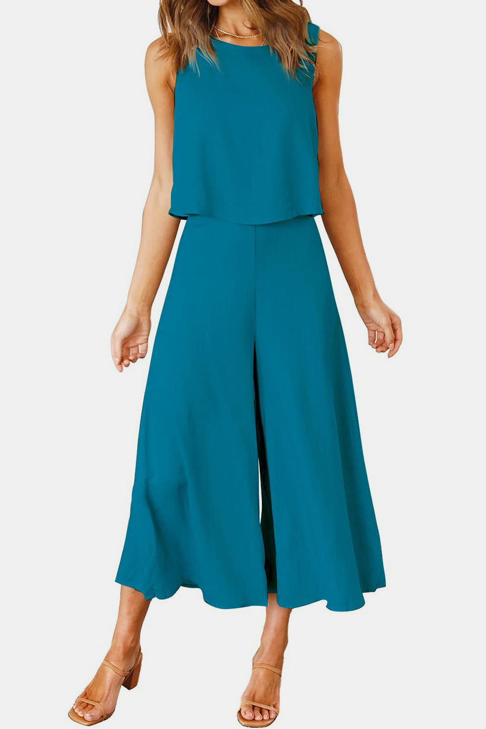 Round Neck Top and Wide Leg Pants Set - Charming Charlie