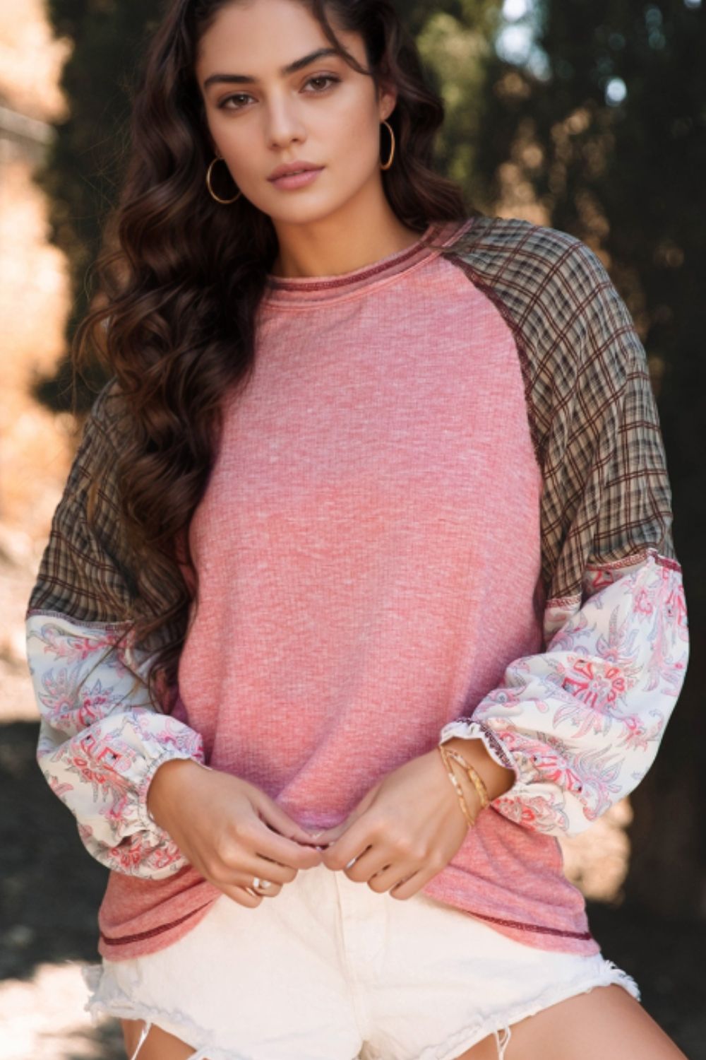 Plaid Floral Patchwork Round Neck Long Sleeve Top - Charming Charlie