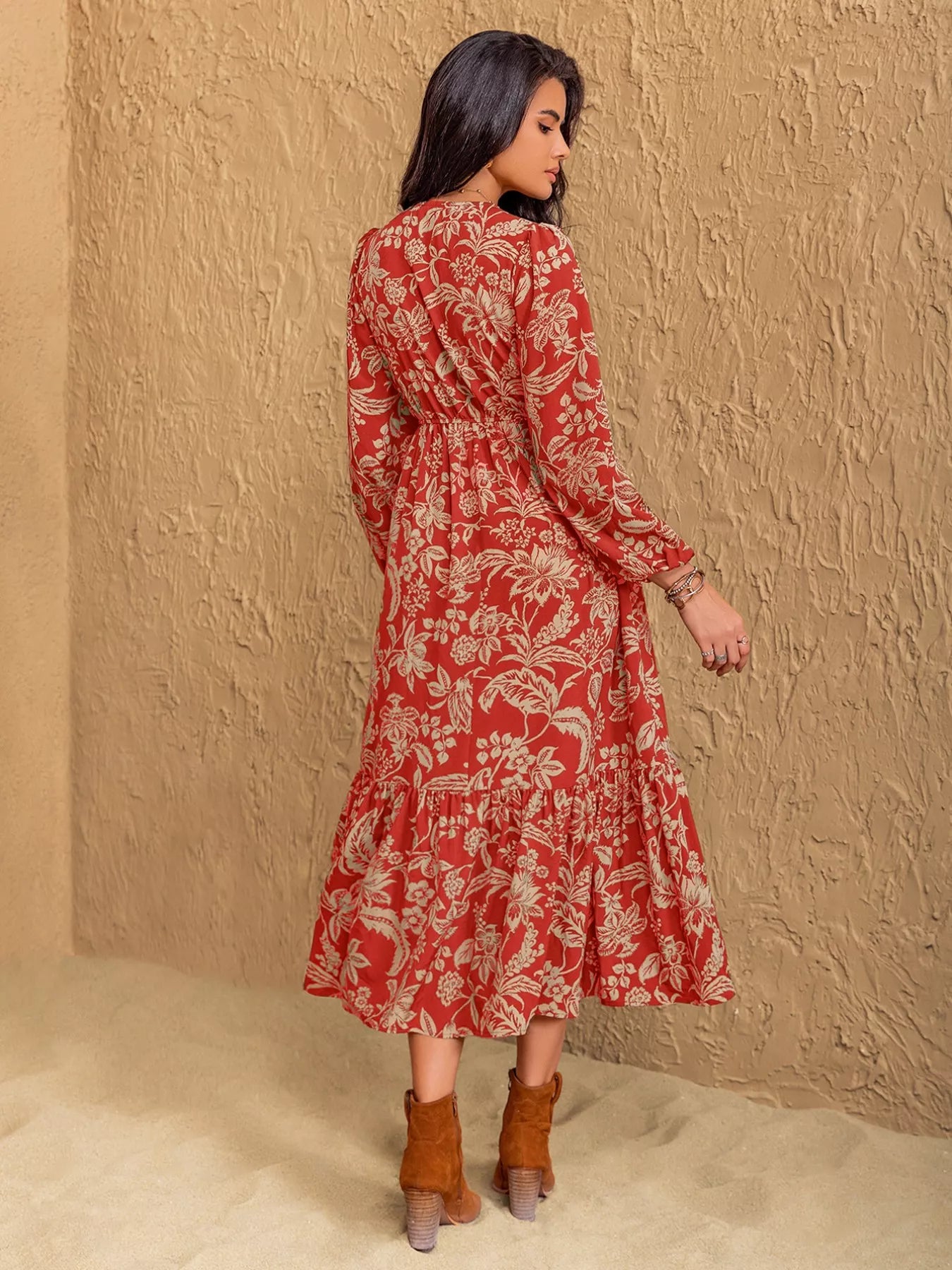 Boho Floral Print Long Sleeve Midi Dress  Charming Charlie