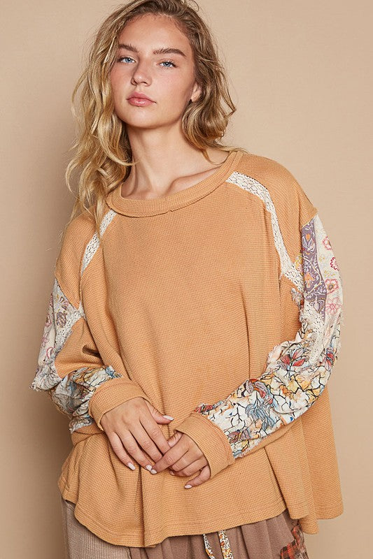 POL Waffle-Knit Lace Detail Round Neck Top - Charming Charlie