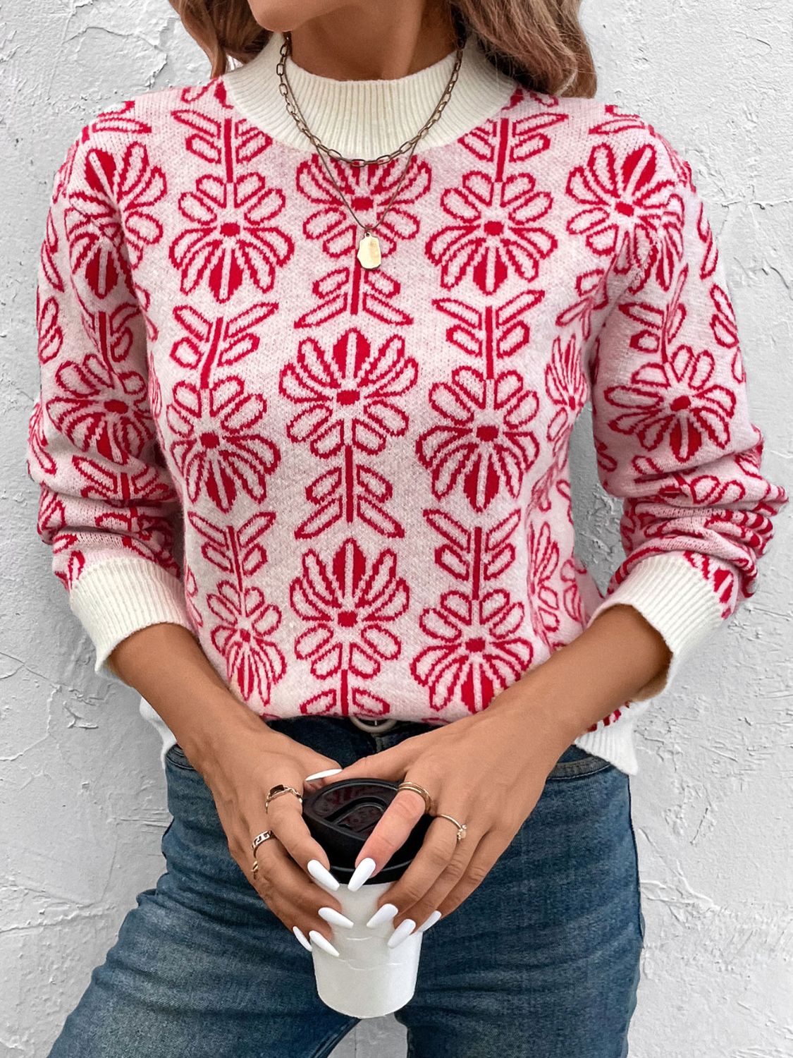 Flower Round Neck Long Sleeve Sweater - Charming Charlie