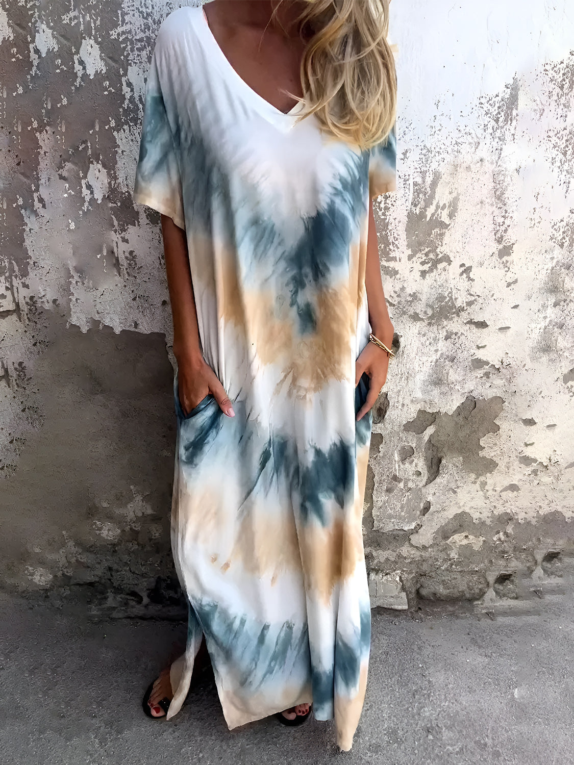 Full Size Pocketed Tie-Dye Short Sleeve Dress - Charming Charlie