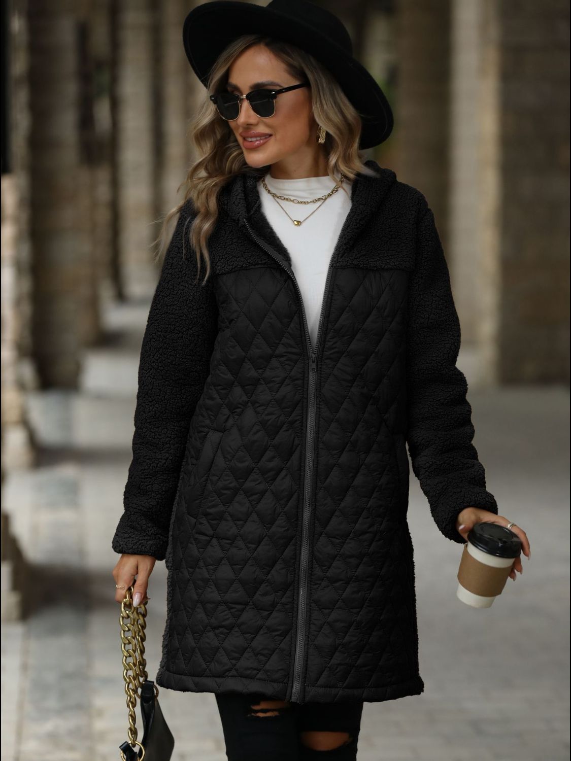 Texture Zip Up Long Sleeve Hooded Coat - Charming Charlie