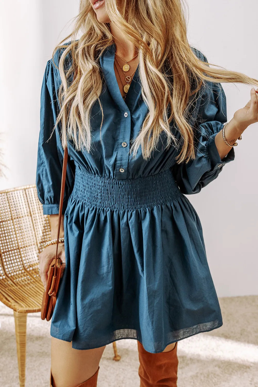 Wholesale MOQ6 Smocked Half Button Three-Quarter Sleeve Mini Dress Wholesale MOQ6 Smocked Half Button Three-Quarter Sleeve Mini Dress