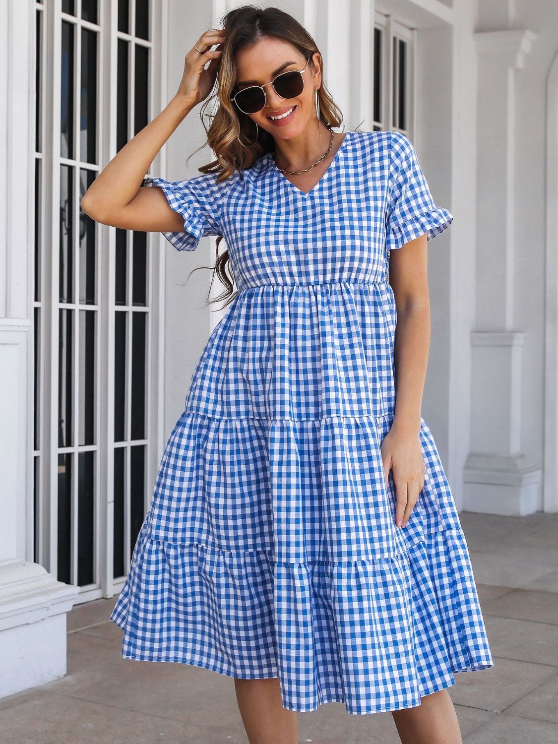 Wholesale MOQ6 Plaid V-Neck Short Sleeve Midi Dress Wholesale MOQ6 Plaid V-Neck Short Sleeve Midi Dress