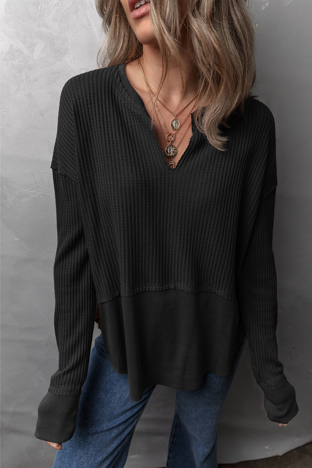 Waffle-Knit Exposed Seam Notched Long Sleeve Top – Charming Charlie