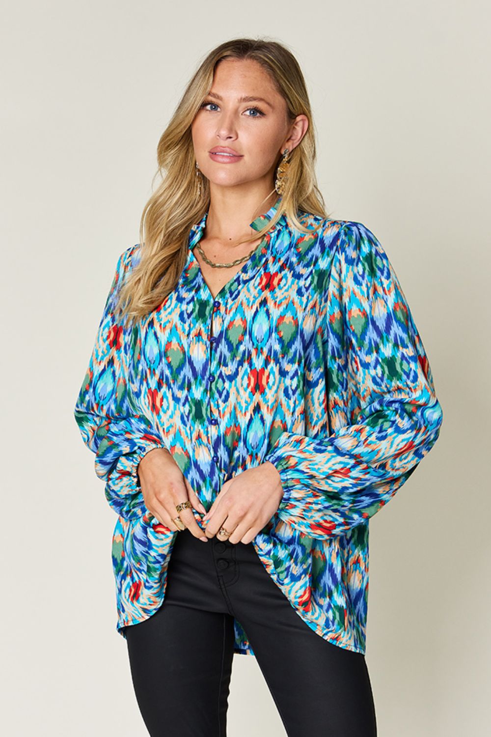 Double Take Full Size Printed Balloon Sleeve Blouse - Charming Charlie