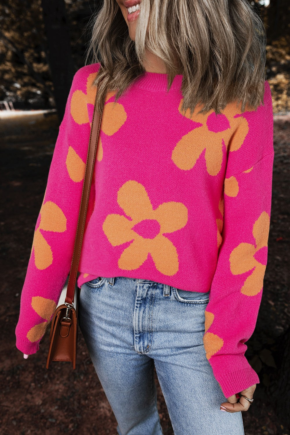 Flower Round Neck Long Sleeve Sweater - Charming Charlie