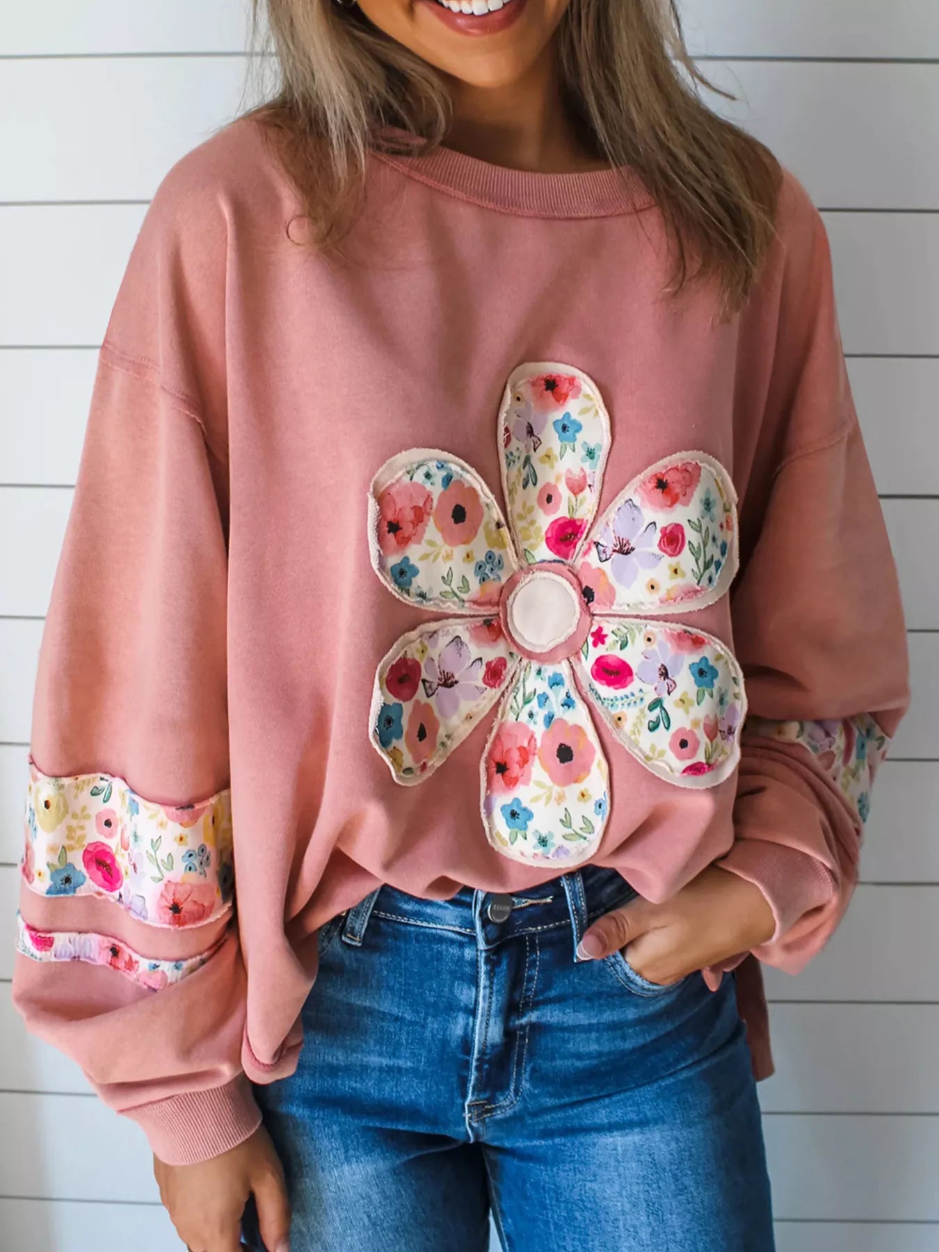 トップス Pink Horseshoe Floral Sleeve Pullover 116535.You-re-All-I-Want-Pink-