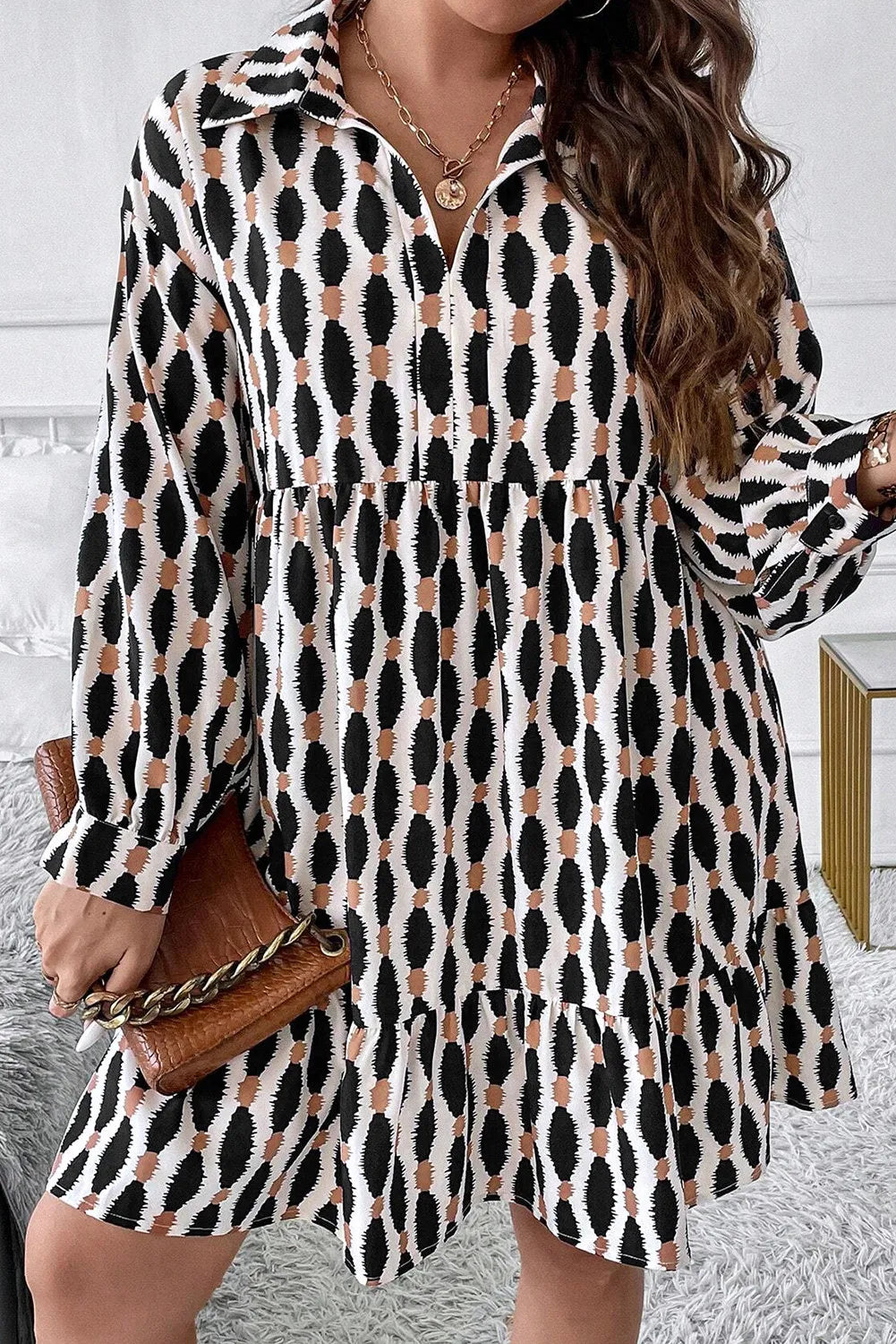 Plus Size Printed Johnny Collar Long Sleeve Dress - Charming Charlie