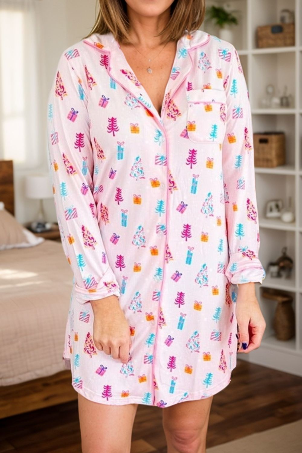 Printed Collared Neck Long Sleeve Lounge Dress - Charming Charlie