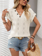 Openwork V-Neck Short Sleeve T-Shirt - Charming Charlie