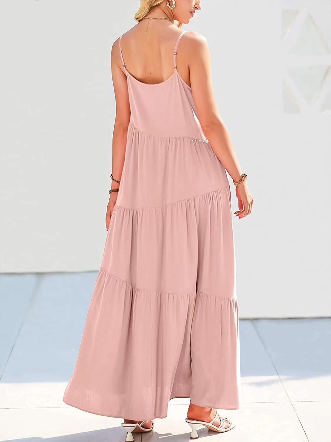 Solid Cut Out Ruched Spaghetti Strap Tiered Dress