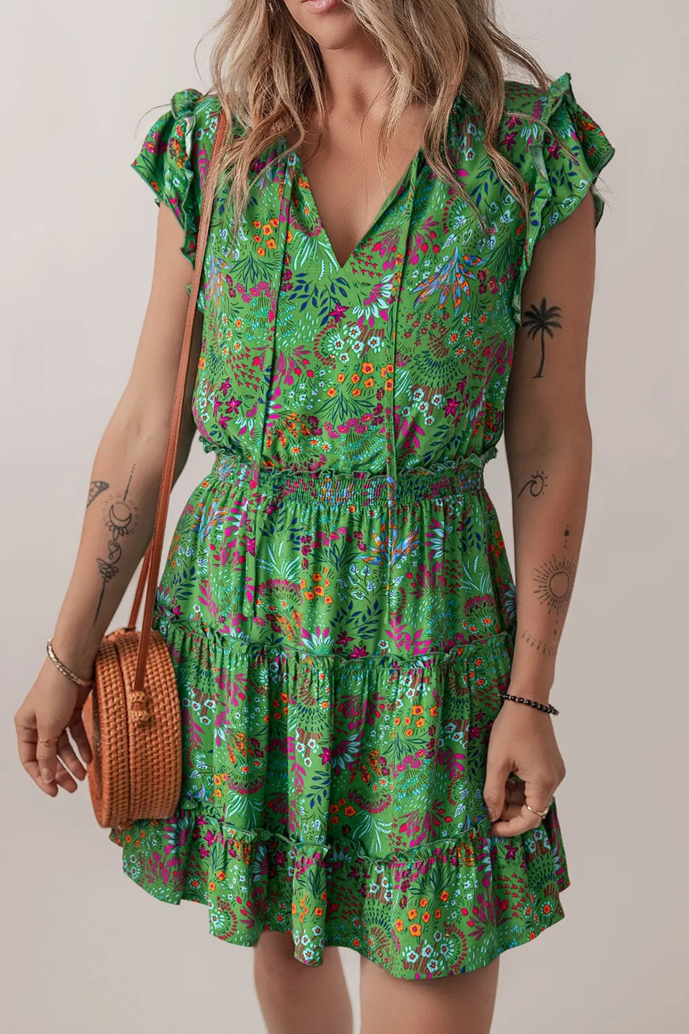knee length dresses for ladies Angie Women's Sweet Sunshine Floral Print Ruffle Trim Mini Dress in Black main image 1