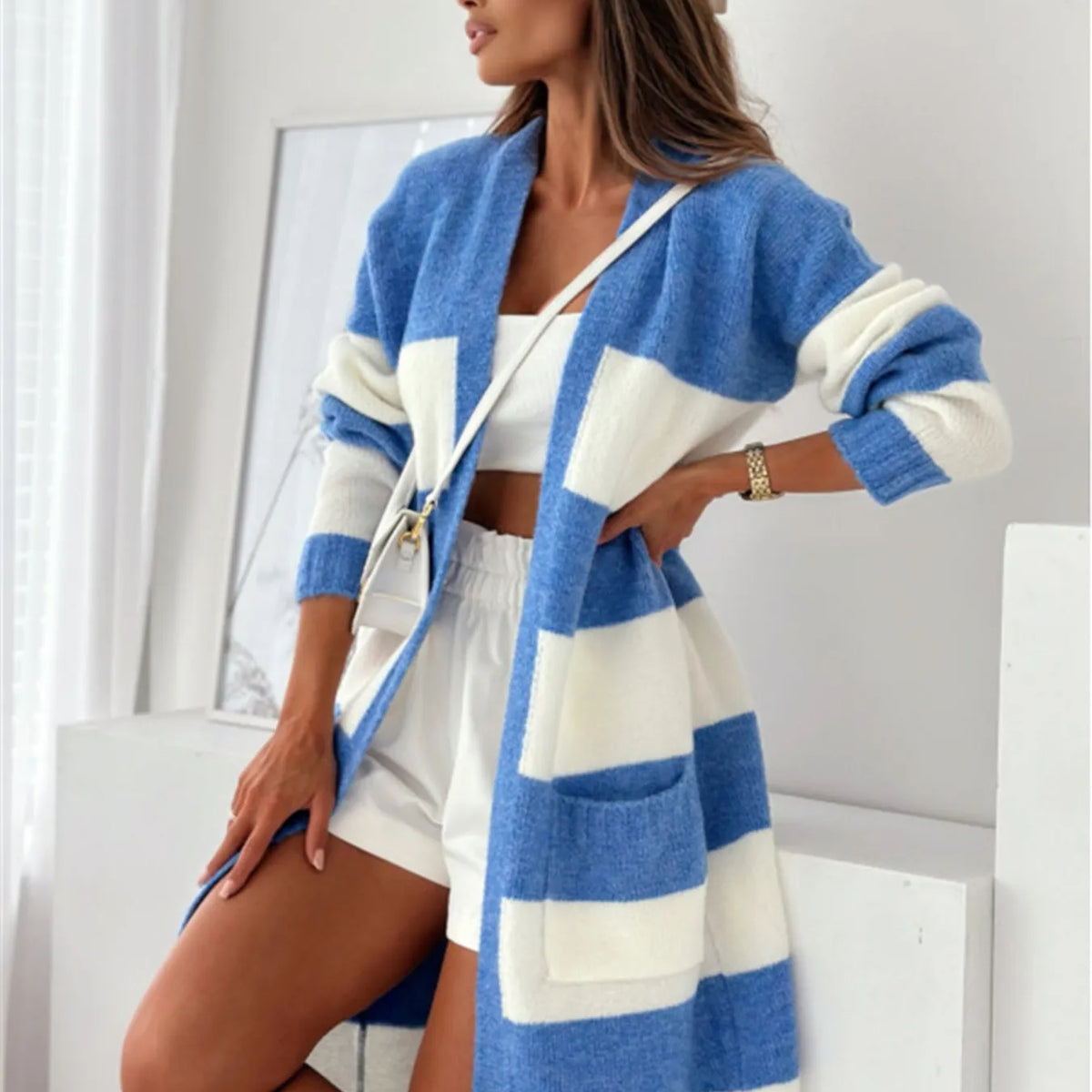 Color Block Open Front Long Sleeve Cardigan