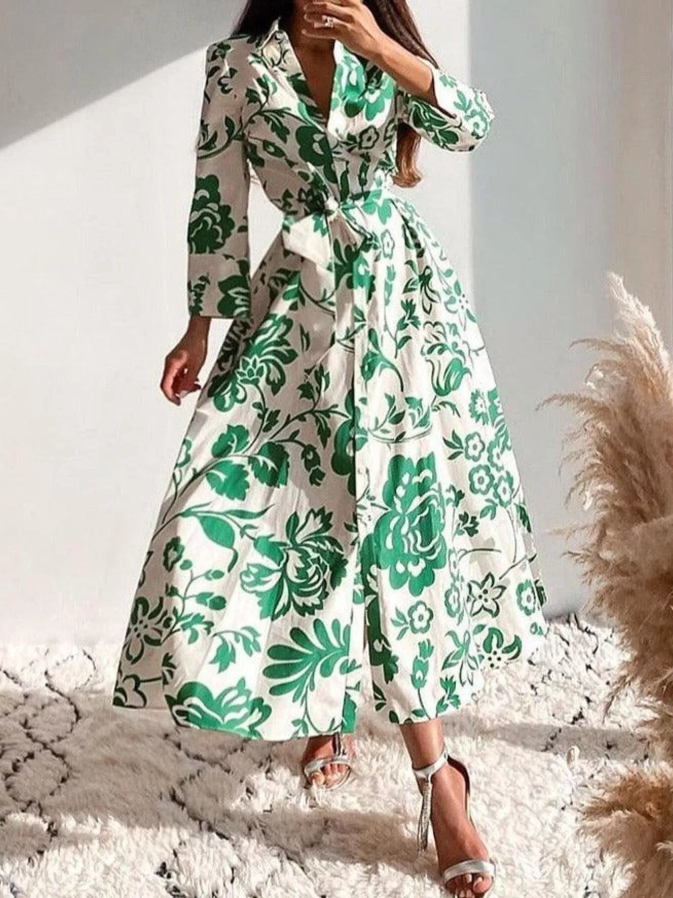 tie waist shirt dress Printed Tie Waist Shirt Dress White / 2XL