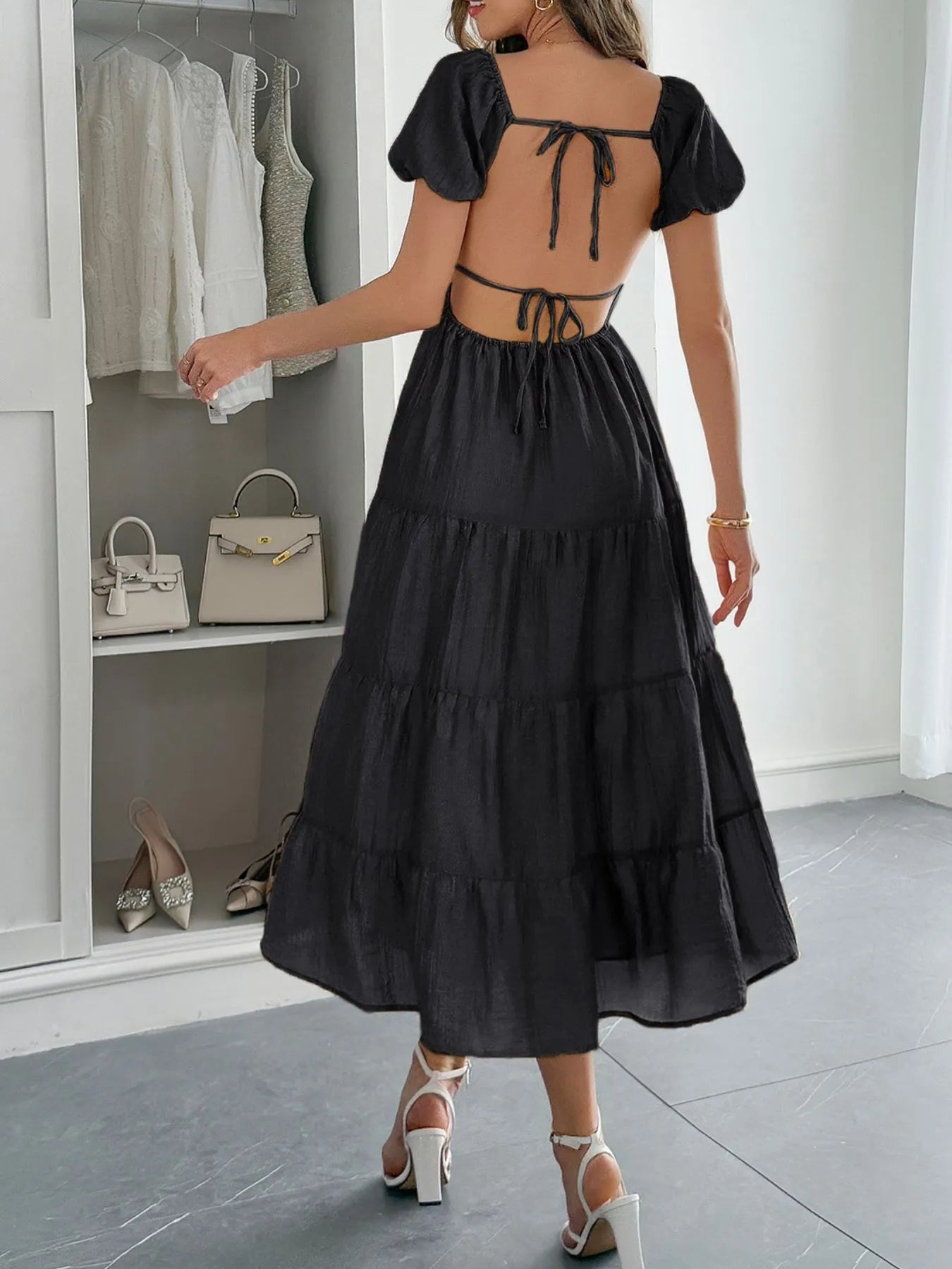 Backless Tiered Puff Sleeve Midi Dress Charming Charlie Backless Tiered Puff Sleeve Midi Dress Charming Charlie