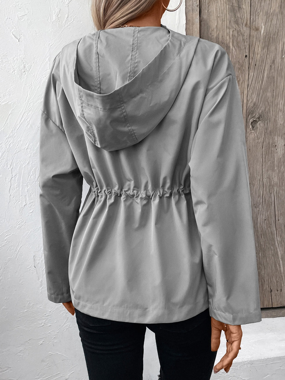 Full Size Ribbed Zip Up Drawstring Hooded Jacket