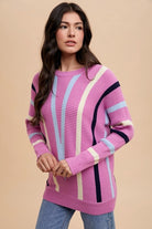 Annie Wear Chevron Stripe Round Neck Ribbed Sweater - Charming Charlie