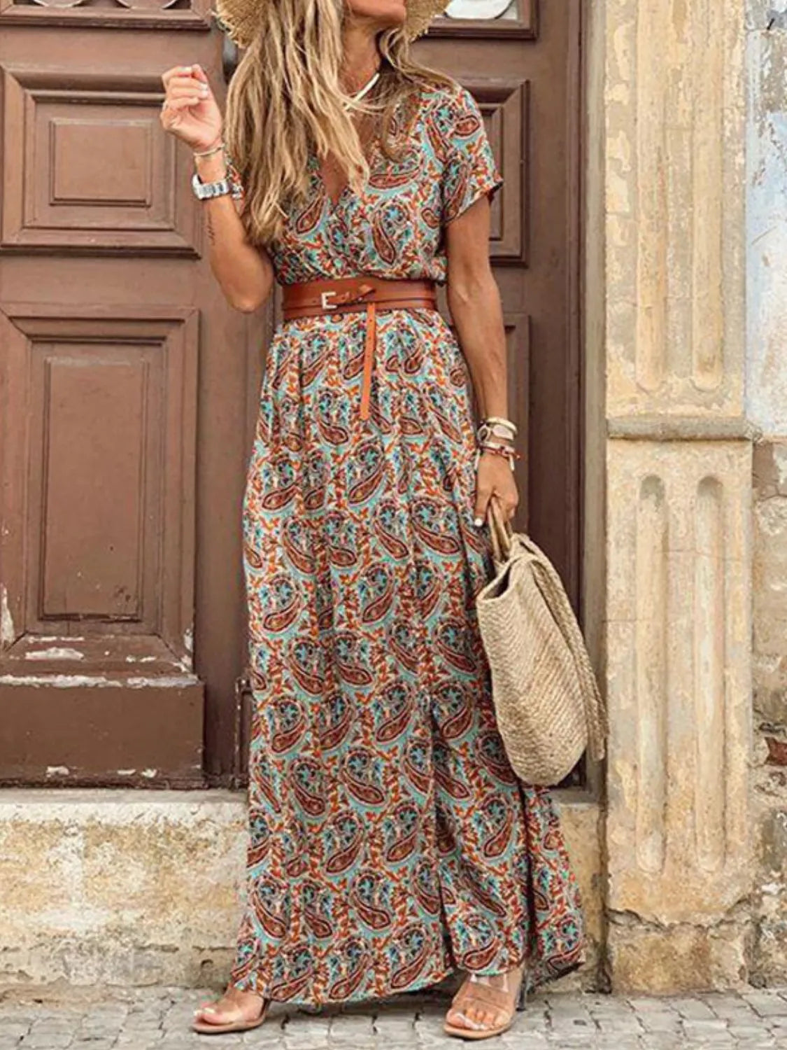 fitted lace wedding dress Full Size Printed V-Neck Short Sleeve Maxi Dress Plus Size Brown / S
