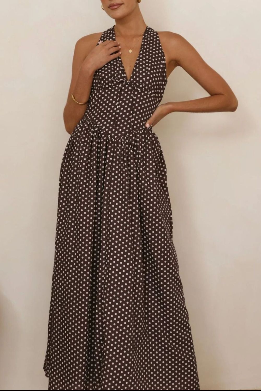 Backless Polka Dot Halter Neck Maxi Dress White / M