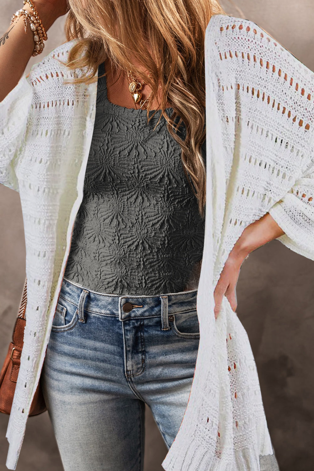 Openwork Open Front Long Sleeve Cardigan - Charming Charlie