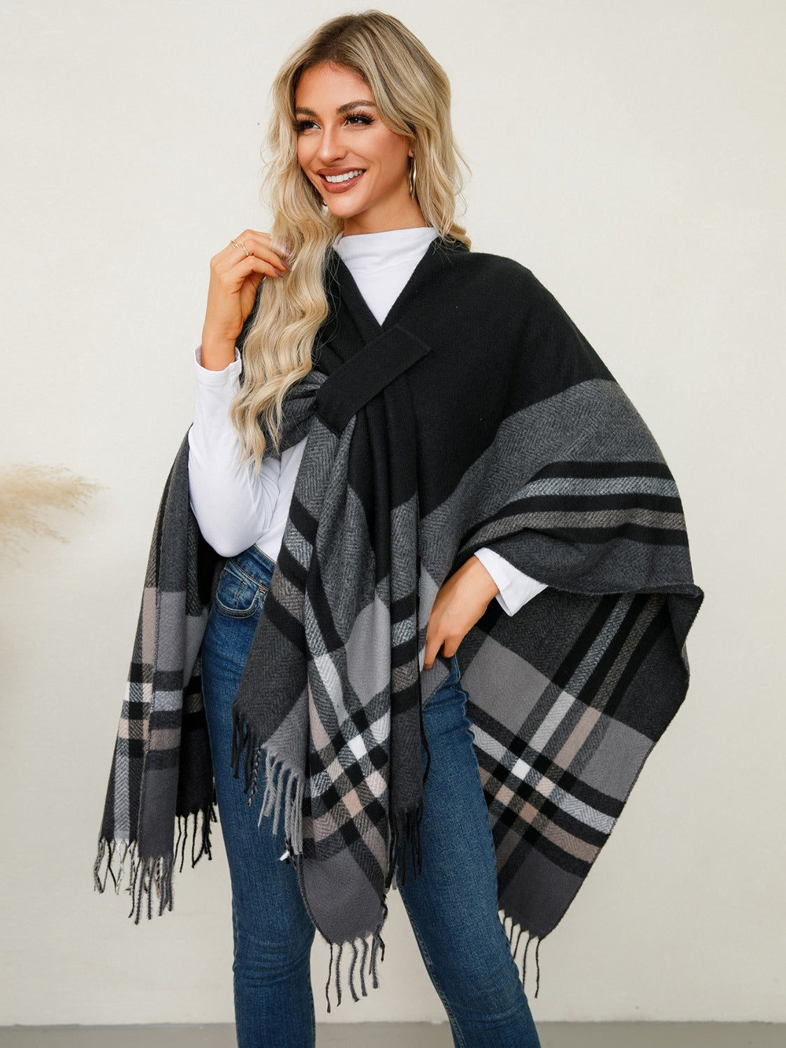 Fringe Contrast Plaid Poncho - Charming Charlie