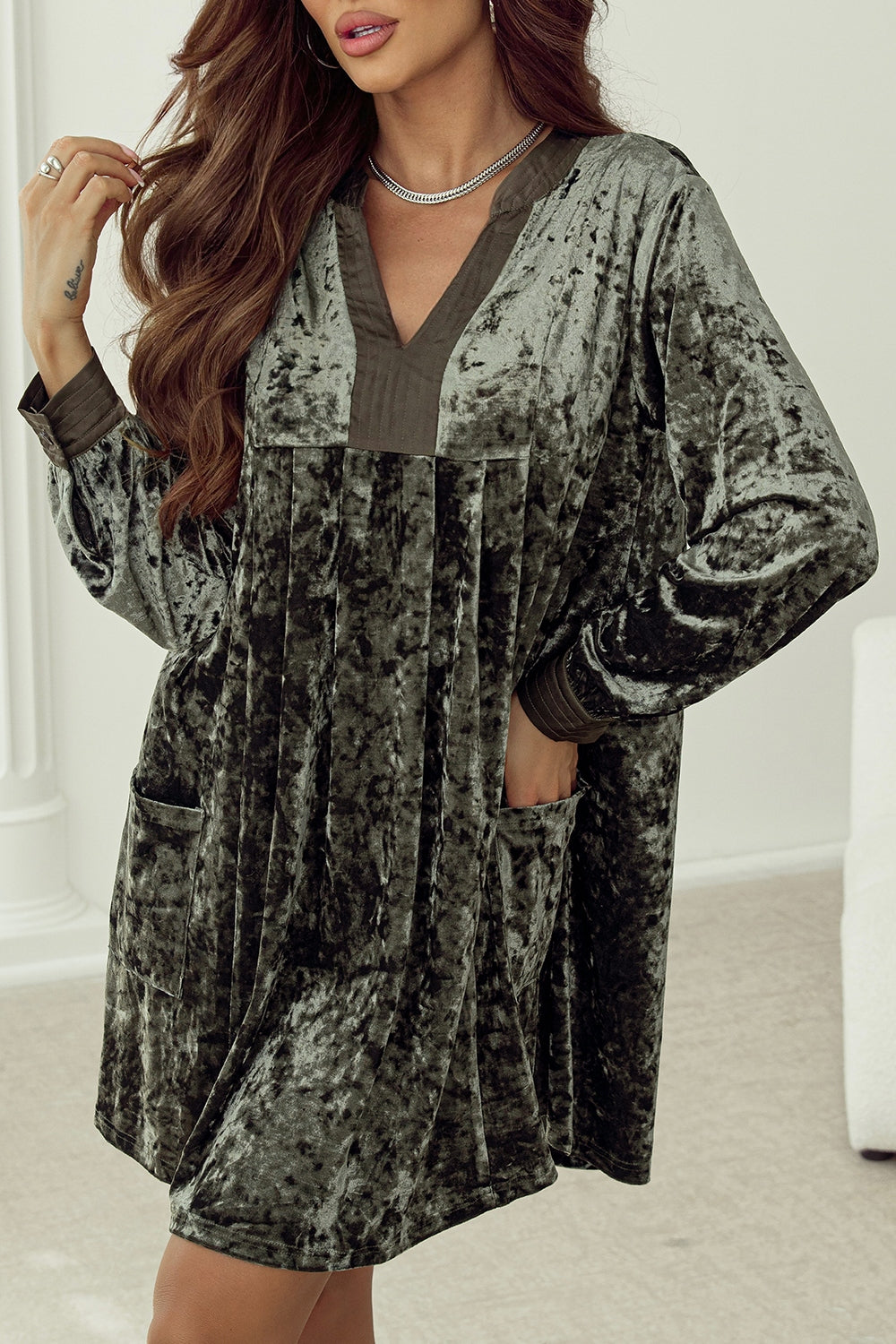 Notched Long Sleeve Mini Dress with Pockets - Charming Charlie
